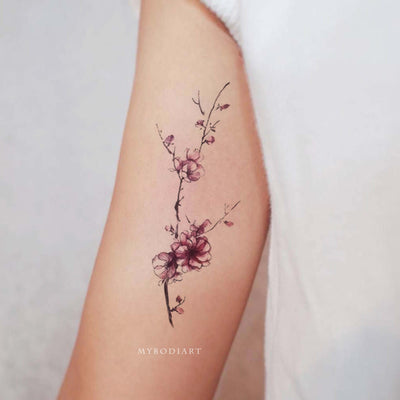Pretty Pink Watercolor Cherry Blossom Arm Tattoo Ideas for Women -  Ideas de tatuajes de flor de cerezo para mujeres - www.MyBodiArt.com #tattoos