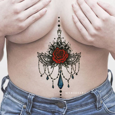 Cool Rose Chandelier Black Lace Sternum Tattoo Ideas for Women -  Ideas de tatuajes de esternón rosa para mujeres - www.MyBodiArt.com