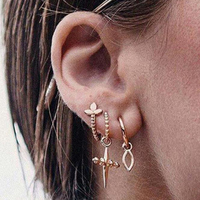 Cute Gold Ear Piercing Ideas Cross Earring Set Fashion Jewelry For Women - www.MyBodiArt.com