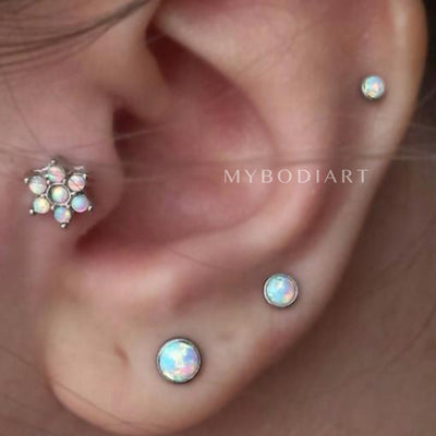 Cute Multiple Tragus Ear Piercing Ideas - Opal Flower Tragus Earring Jewelry -   lindas ideas para perforar orejas - www.MyBodiArt.com 