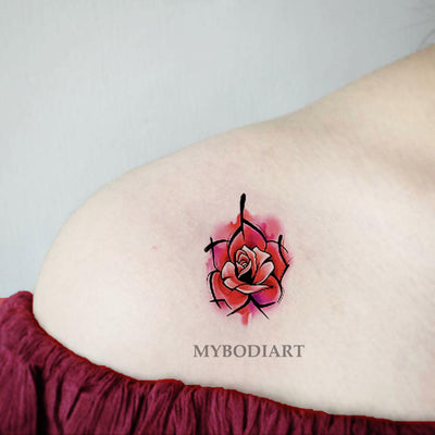 Linework Watercolor Red Rose Shoulder Tattoo Ideas for Women - Small Vintage Floral Flower Arm Tat - pequeñas ideas del tatuaje del hombro de la rosa del rojo de la acuarela para las mujeres - www.MyBodiArt.com #tattoos