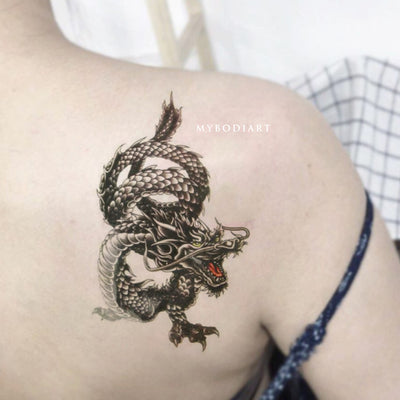Cool Black Dragon Back Shoulder Temporary Tattoo Ideas for Women - www.MyBodiArt.com