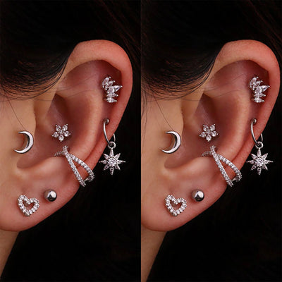 Cute Multiple Moon Crown Heart Sun Cartilage Helix Silver Ear Piercing Earring Studs -  ideas de joyería de piercing en el oído para mujeres -www.MyBodiArt.com #piercings
