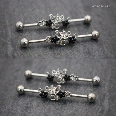 Crystal Flower Industrial Piercing Jewelry Scaffold Barbell Earring - www.MyBodiArt.com