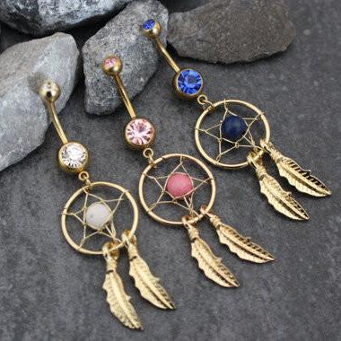 Feather Belly Button Ring Dreamcatcher Navel Jewelry Gold | Boho Chic Bohemian Dream Tribal Native Vintage | w/ High Gloss Pink Crystals