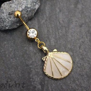 Pearl Seashell Belly Button Ring in Gold, Navel Jewelry, Belly Piercing, Navel Bar
