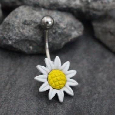 Daisy Belly Button Ring Stud, Belly Bar in Silver 14G