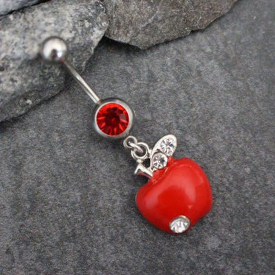 Silver Belly Button Ring | Apple Navel Piercing | Fruit Body Jewelry | Enamel Dangle Charm Hanging Leaf Food | w/ Red & Clear Crystals