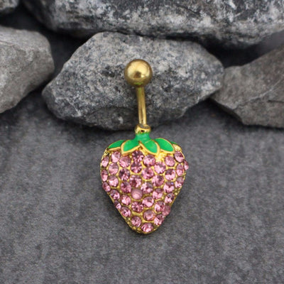 Sparkly Belly Button Ring Stud | Strawberry Navel Jewelry | Bling Navel Ring | Non Dangle Gold Navel Piercing | Surgical Stainless Steel 14G