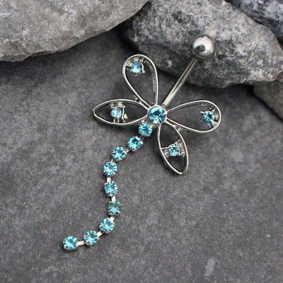 Cute Blue Crystal Butterfly Belly Button Dangle Ring Jewelry - www.MyBodiArt.com