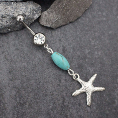 Starfish Belly Button Rings Turquoise | Star Dangle Navel Jewelry | Opal Belly Ring | Gold Navel Piercing Silver |Boho Bohemian Coral Beach|