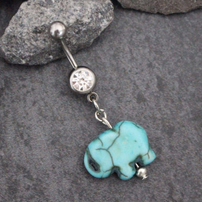 Turquoise Elephant Belly Button Ring Stone Belly Ring | Dangle Navel Jewelery | Gold Silver Body Piercing |Ganesha Tribal Indian Aztec Gypsy
