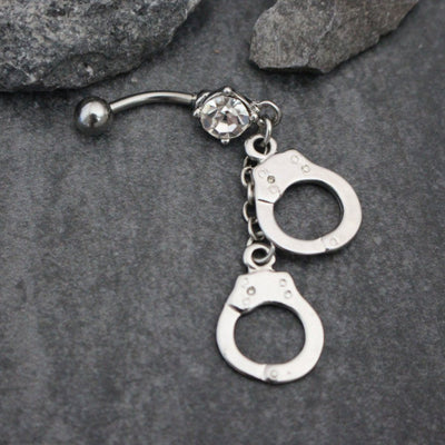 Handcuffs Belly Jewelry | Silver Surgical Stainless Steel 14G 14 Gauge Barbell | Handcuffs Police Military | w/ Radical Glitz Clear Crystals