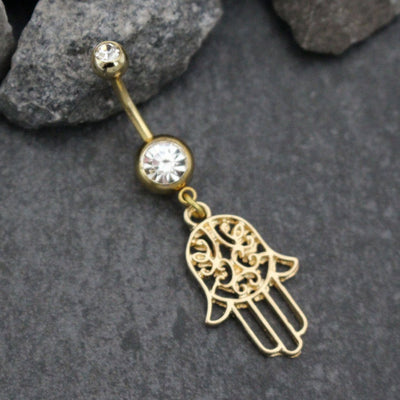 Gold Belly Button Rings Hamsa Dangle Navel Jewelry | Dainty Hand Evil Eye Hebrew Arabic Tribal Vintage | w/ Ultra Shine Clear Crystals