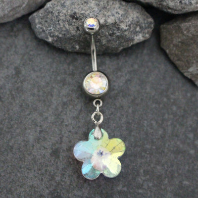Flower Belly Button Ring | Crystal Navel Piercing | Dangle Body Jewelry | Silver 14G Barbell | Super Shine Aurora Borealis Rainbow Crystals