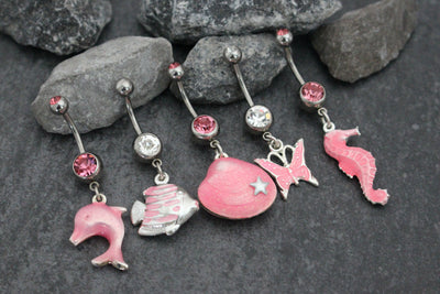 Pink Belly Ring, Seashell Belly Button Rings, Dolphin Navel Piercing, Silver Butterfly Navel Ring, Seahorse Belly Button Jewelry Fish Ocean