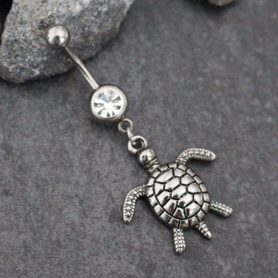 Silver Belly Button Ring Turtle Tortoise Sea Shell Nautical | Navel Piercing Dangle Body Jewelry Tibetan Tibet | w/ High Shine Crystals