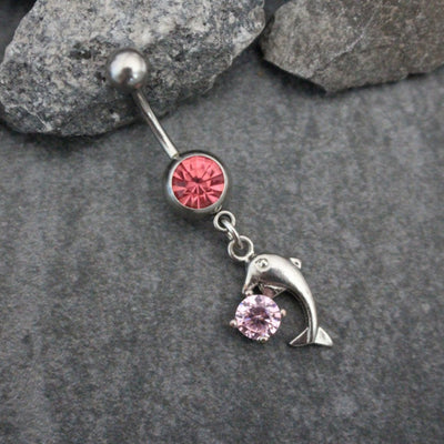 Dolphin Navel Piercing | Dolphins Belly Button Rings | Nautical Cute Dainty Dangle Body Piercing Silver | w/ Precious Clear or Pink Crystals