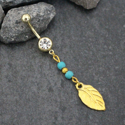 Leaf Belly Button Rings, Feather Belly Button Ring, Gold Navel Jewelry, Boho Navel Piercing, Boho, Bohemian, Tribal, Nature