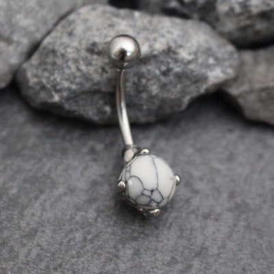 Ivory Howlite Stone Belly Button Piercing Stud Navel Ring in Silver 14G - www.MyBodiArt.com