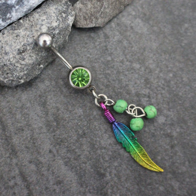 Bohemian Belly Button Ring, Boho Belly Ring, Silver Navel Piercing, Navel Ring 14G, Feather Navel Jewelry , Turquoise Belly Button Piercing