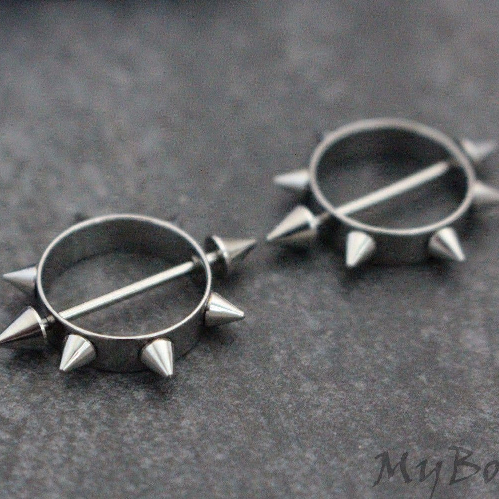 Spiky Nipple Rings 16G, Silver Nipple Piercings, Body Jewelry