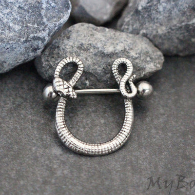 Serpent Nipple Piercing, Curved Snake Nipple Ring, Silver Body Piercing, 14 Gauge Barbell, 14G Bar, 316L Surgical Stainless Steel, Vintage