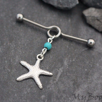 Turquoise Industrial Barbell, Silver Industrial Piercing Jewelry, Scaffold Earring, Scaffold Barbell, Starfish Jewellery, Star Fish Charml