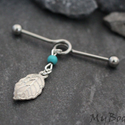 Leaf Industrial Barbell with Turquoise Beads