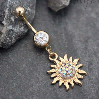 Flaming Sun Belly Button Ring in Gold with Aurora Borealis Crystals