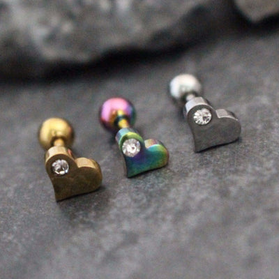 Heart Tragus Barbell, Cartilage Earring, Helix Piercing in 16G Gold, Silver, Rainbow