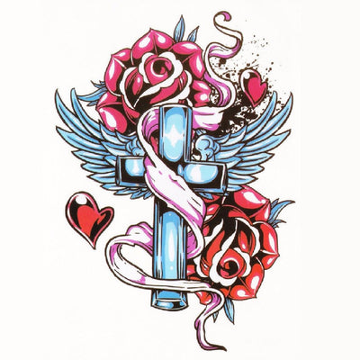 Cross Roses Temporary Tattoo Sleeve, Rocker Vintage Tattoo, Traditional, Cross, Roses, Flower, Floral, Large, Wings, Angel Wings, Heaven, Religious