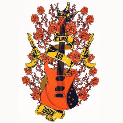 Temporary Tattoo Large, Arm Tattoo, Guns and Roses, Punk, Rock, Rock and Roll, Guitar Tattoo, Rose, Flower, Floral, Colorful, Watercolor