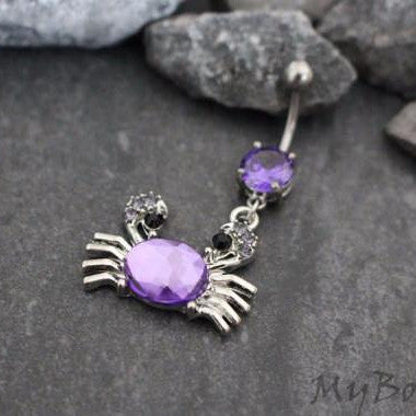 Purple Sea Crab Belly Button Jewelry in Silver