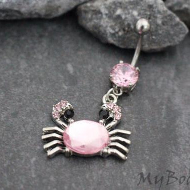 Pink Nautical Crab Dangle Belly Button Ring in Silver
