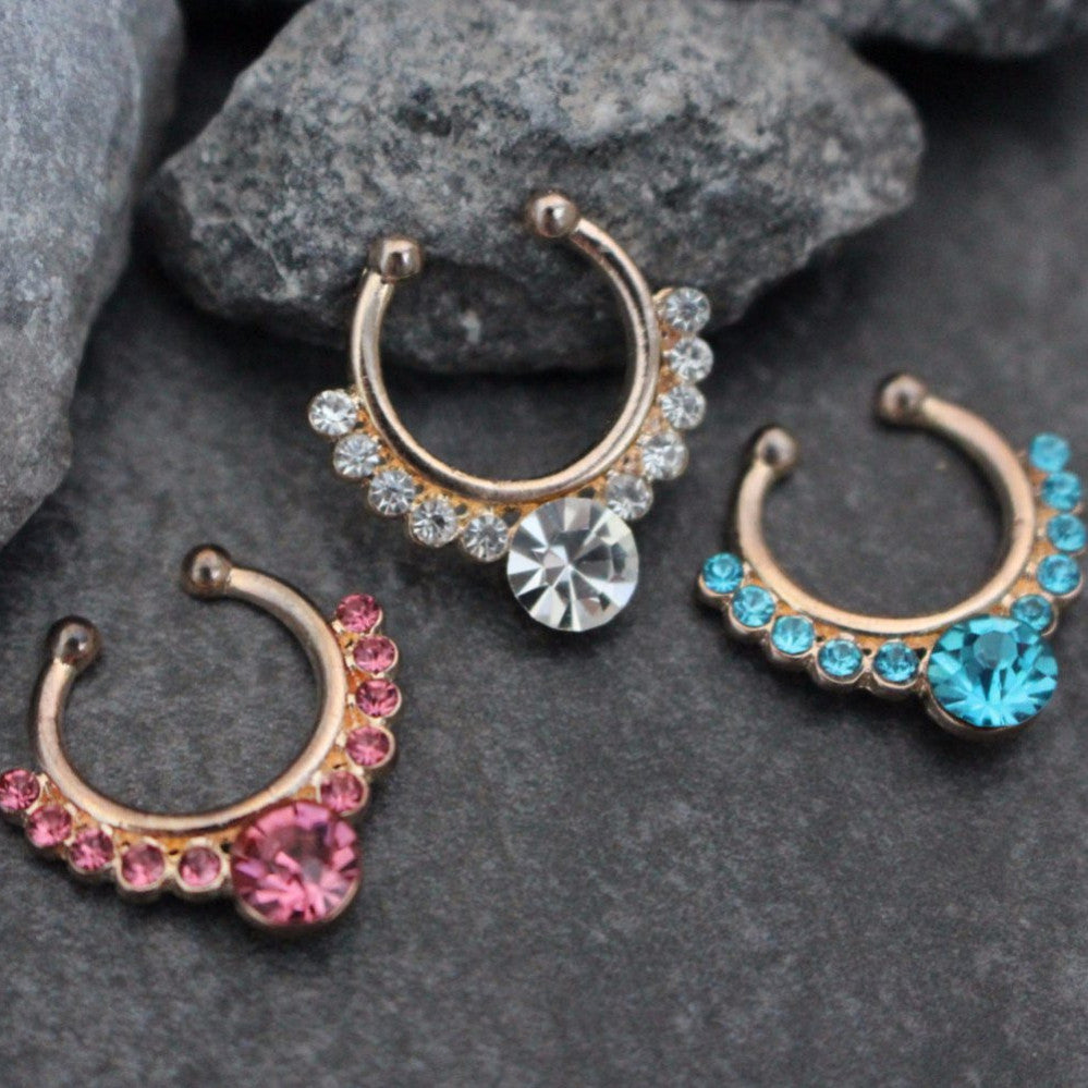 Grand Crystal Rose Gold Fake Septum Ring Pink Blue Clear – MyBodiArt