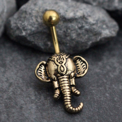 Antiqued Gold Precious Tribal Ganesha Elephant Belly Button Ring Stud, Belly Bar in Antiqued Gold