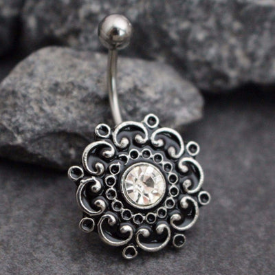 Precious Victorian Flower Belly Button Ring Stud, Belly Bar with Black Enamel and Clear Crystals