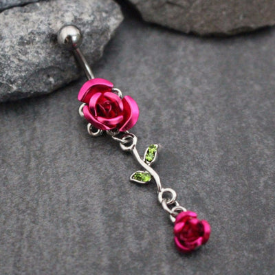 Rose Belly Button Jewelry in Pink with Silver 316L Surgical Stainless Steel