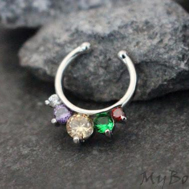 Rainbow Crystal Fake Septum Ring in Silver