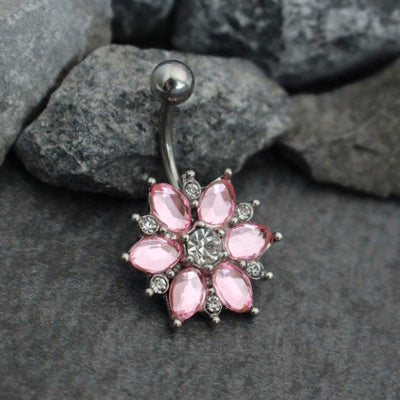 Precious Belly Button Ring Stud | Flower Navel Jewelry | Snowflake Belly Piercing | Lotus in Silver | w/ Extreme Shine Clear Pink Crystals