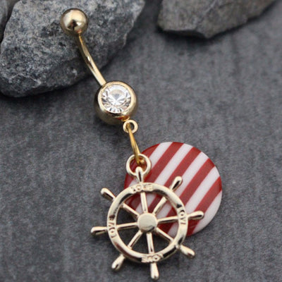 Nautical Sea Treasure Rudder Wheel Belly Button Ring in Rose Gold with Striped Red & White Peppermint Charm perfect for the Beach, Summer or Fourth of July, 4th of July