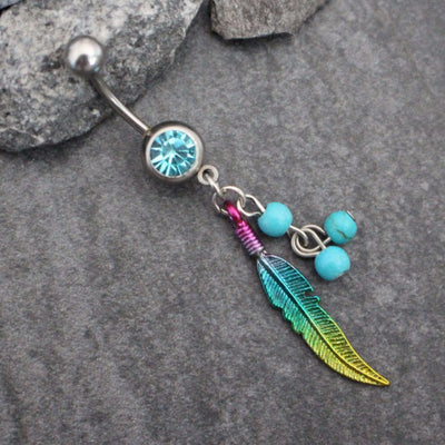 Leaf Belly Button Jewelry | Feather Navel Ring Boho Tribal  | 14G Gauge Stainless Surgical Steel  w/ Beads | w/ High Shine Crystals