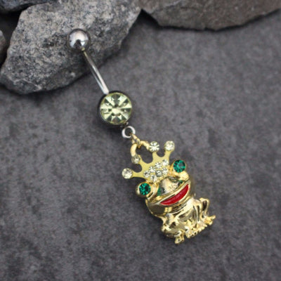 The Frog Prince Belly Button Jewelry, Crown Navel Ring, Princess Navel Piercing, Gold Belly Ring, Cute Kawaii Green Red Blue Elegant