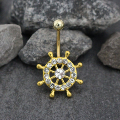 Gold Wheel Belly Bar, Navel Bar, Rudder Non Dangle Body Jewelry Anchor Navel Ring Sea Nautical Charm | w/ Super Sparkle Clear Crystals