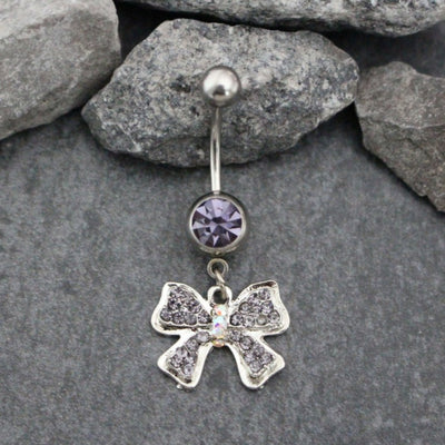 Cute Purple Crystal Bowtie Dangle Belly Button Ring Stud - www.MyBodiArt.com
