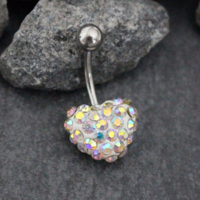Ferido Heart Belly Stud | Belly Button Rings | Silver Navel Piercing| Gem Bling Multicolor Sparkle Glitter Crystal Encrusted Shamballa Bead