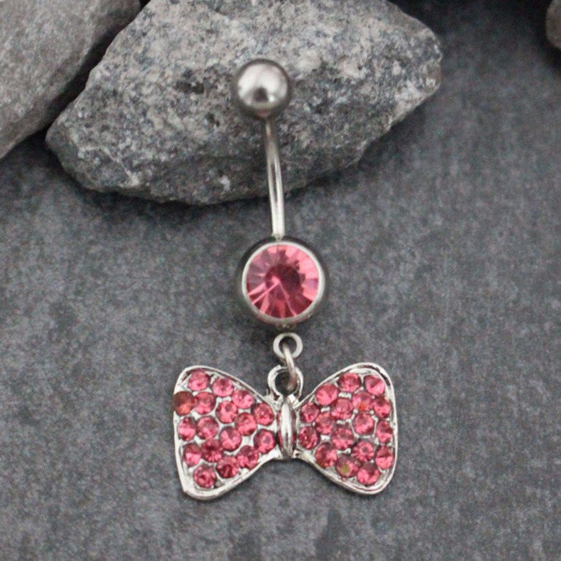 Bow Belly Button Ring in Pink, Navel Jewelry Dangle Bowknot Bowtie Knot Tie Ribbons Hanging w