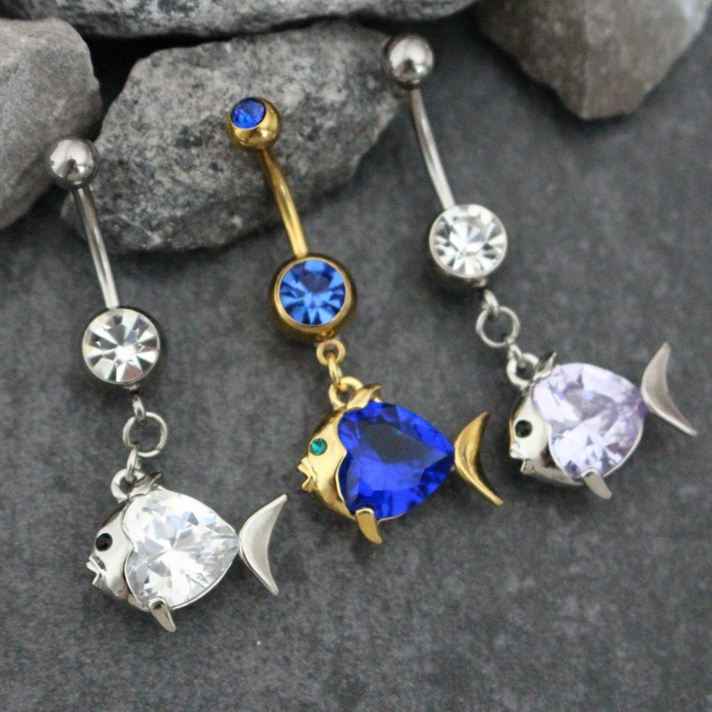 Crystal Belly Button Ring | Fish Navel Piercing | Cubic Zircon | Sparkly Gemmed Piercing