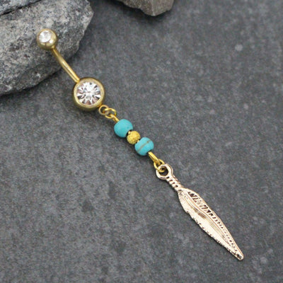 Feather Belly Button Rings, Leaf Belly Button Ring, Gold Navel Piercing, Dangle Navel Jewelry, Boho, Bohemian, Tribal, Nature